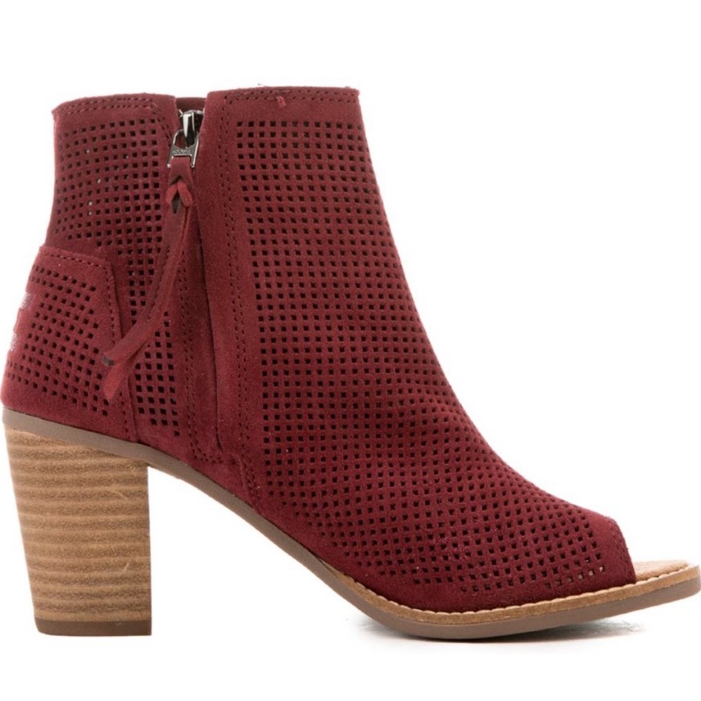 Toms Majorca Perforated Suede Peep Toe Block Heel Bootie - Burgundy. Size 7
